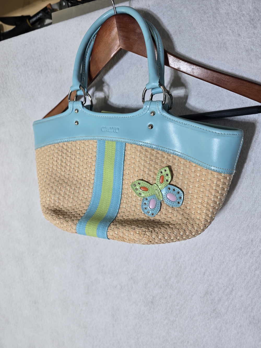 Turquoise Trim Woven Tote with Butterfly Accent By XOXOXO